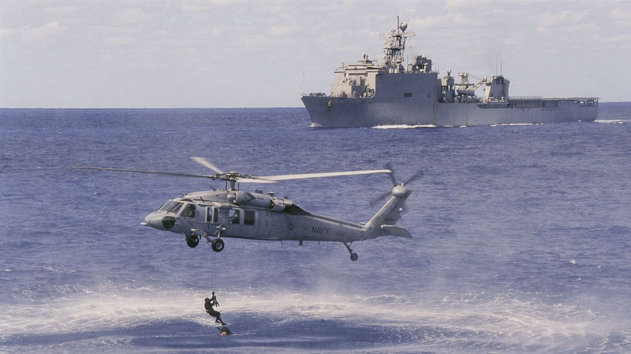 military helicopter at sea